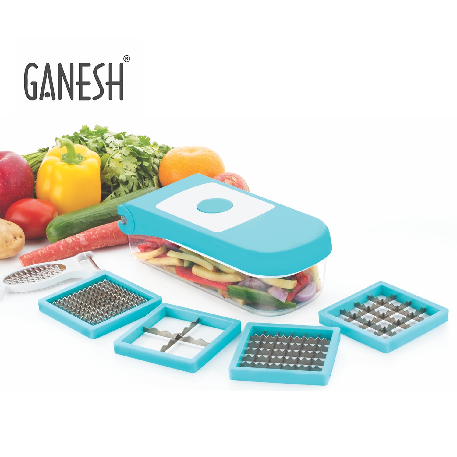 Blue Wukusy Ganesh 7-in-1 plastic vegetable dicer kitchen tool with multiple blades for easy vegetable chopping.