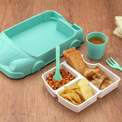 Kids car-shaped plates, cup, and lunch box set by Wukusy, 4-piece dinnerware set with a 1000ml lunch box for children.