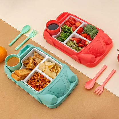 Kids car-shaped plates, cup, and lunch box dinnerware set by Wukusy, includes four-piece set with 1000 ml lunch box for children.