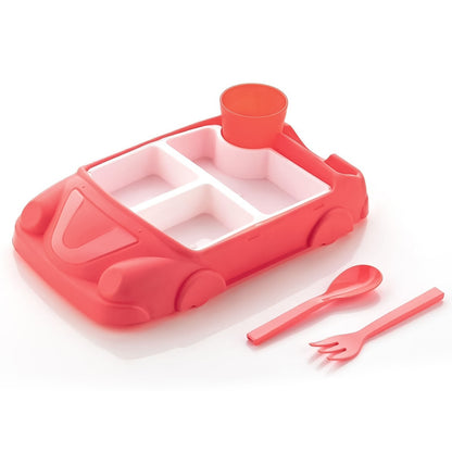 Wukusy kids car-shaped plates, cups, and lunch box set with four pieces including a 1000 ml lunch box, colorful and playful.