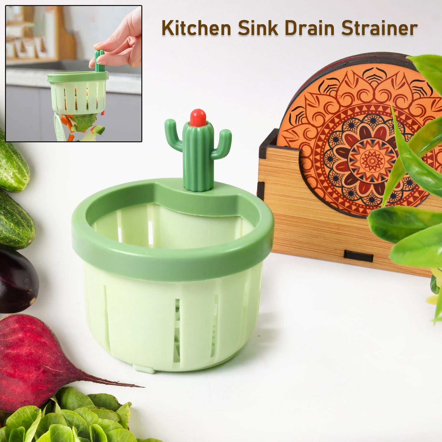 Wukusy plastic kitchen sink drain strainer in use, catching debris to prevent clogs in a modern kitchen sink.
