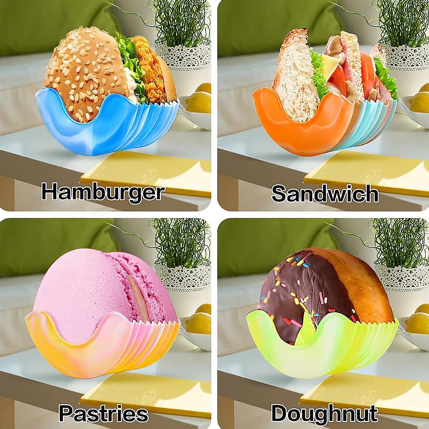 Wukusy silicone burger and snack holder, reusable kitchen tool for keeping burgers and snacks tidy and easy to handle.