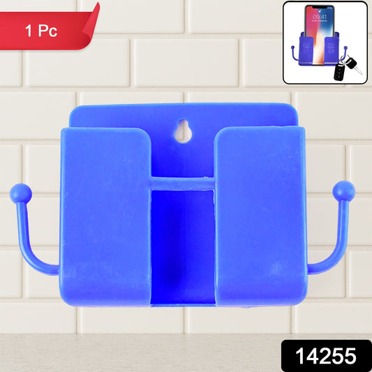 Blue Wukusy wall mount mobile stand with hook for convenient phone storage and display on the wall.