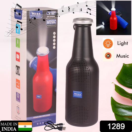 Wukusy bottle-shaped Bluetooth speaker with weatherproof design, deep bass, USB rechargeable, and support for FM, Aux, SD card, and calling.