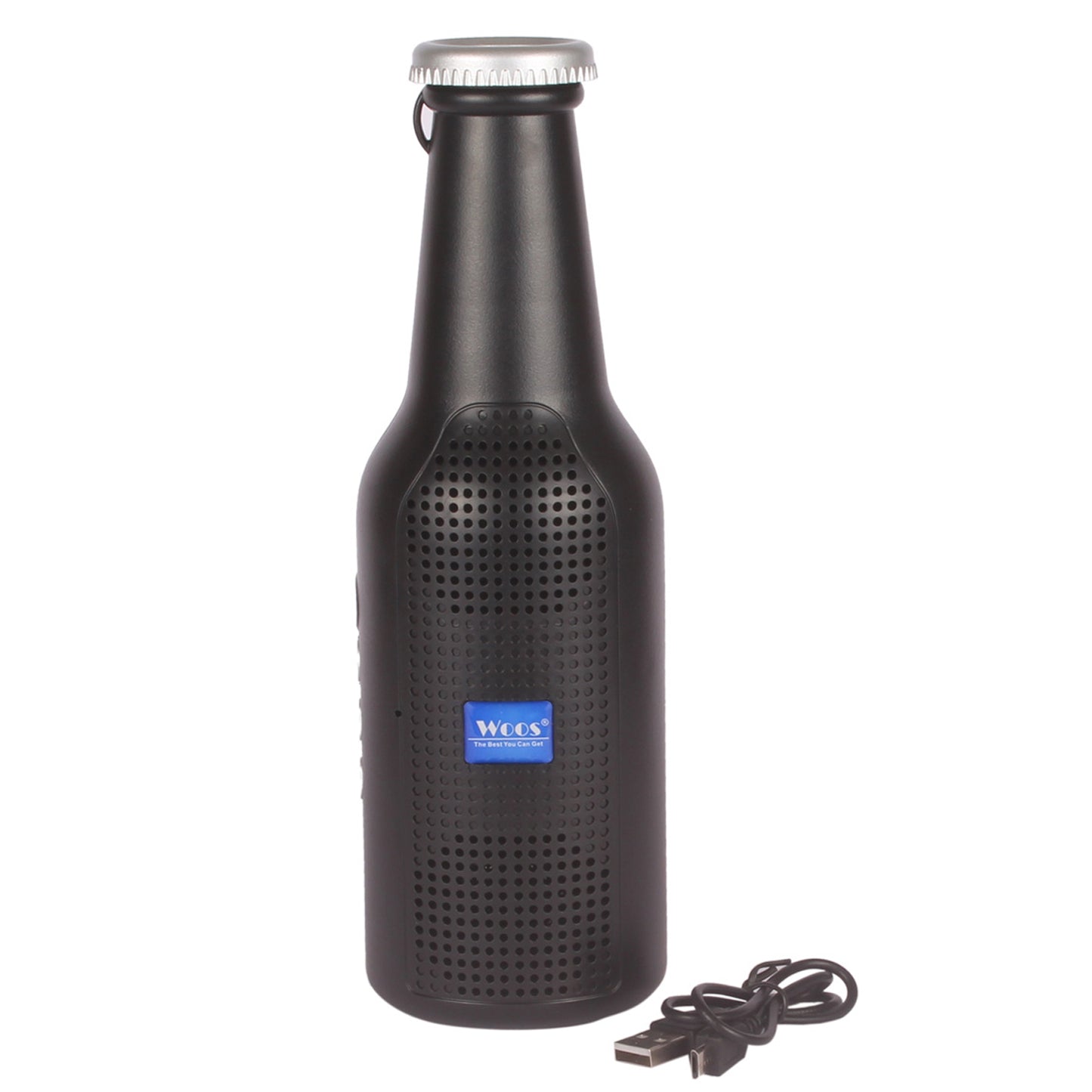 Wukusy bottle-shaped Bluetooth speaker with weatherproof design, deep bass, USB recharge, FM, Aux, SD card support, portable mobile accessory.