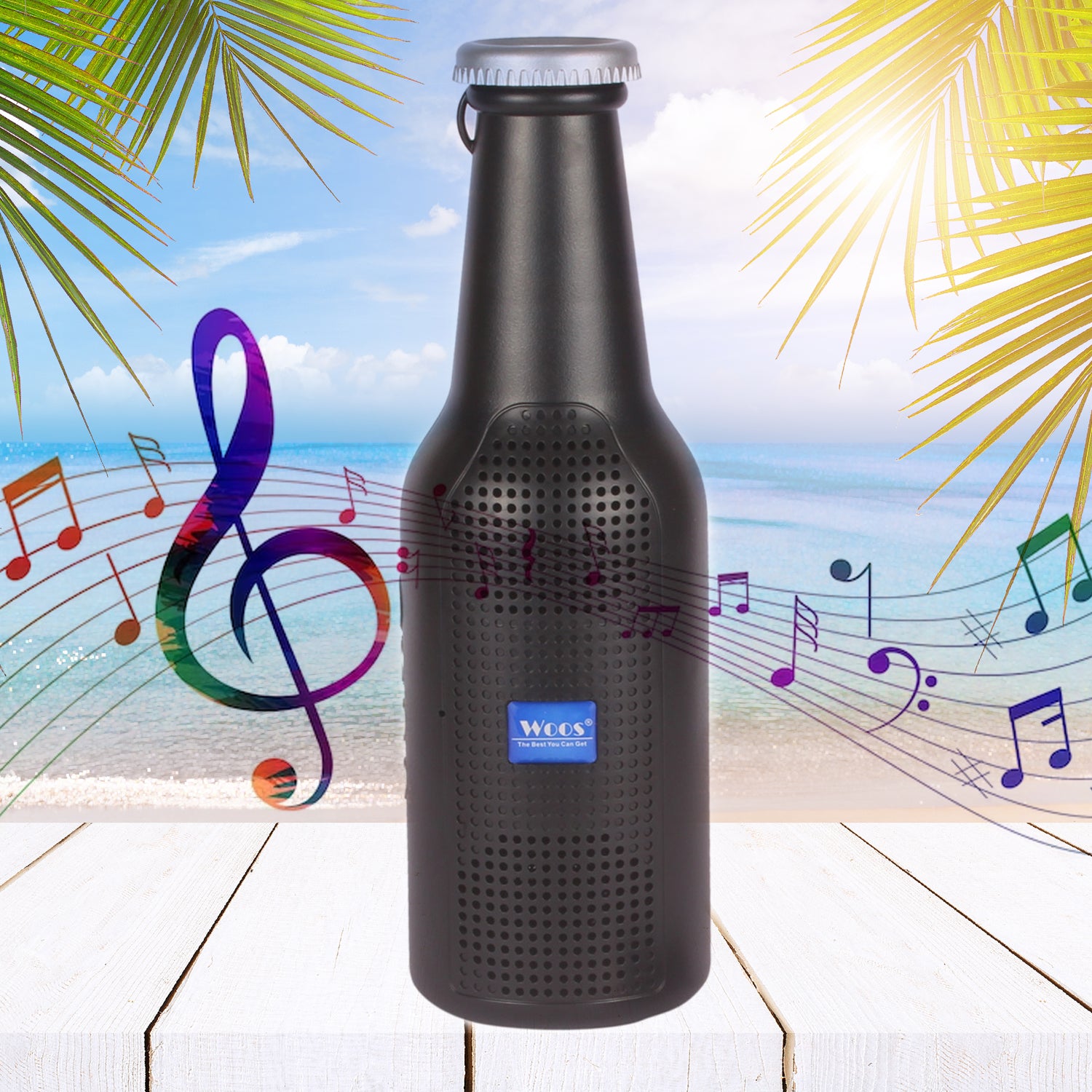Wukusy bottle-shape Bluetooth speaker with weatherproof design, deep bass, USB charging, FM, AUX, SD card support, portable and wireless.
