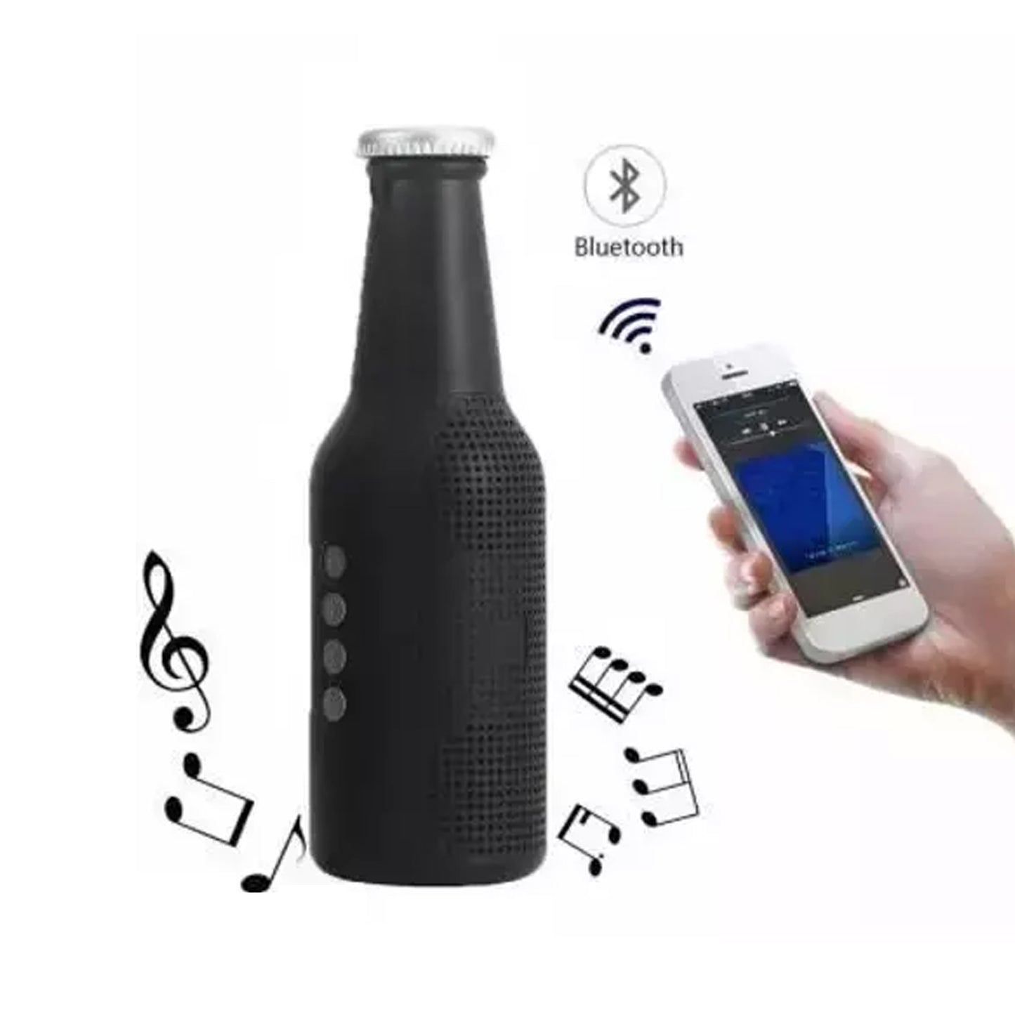 Wukusy bottle-shaped Bluetooth speaker with weatherproof design, deep bass, USB and SD card support, and built-in calling and FM radio.