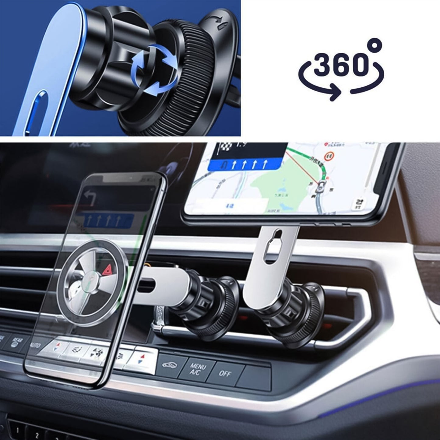 Wukusy 360° rotatable foldable magnetic phone holder attached to car air vent, holds smartphone securely.