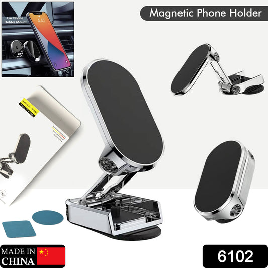 Wukusy 6102 magnetic car phone holder with 360-degree rotation, metal folding design, compatible with smartphones, in black