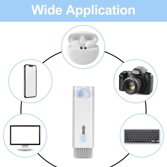 Wukusy 7-in-1 electronic cleaner kit with dust brush, spray bottle, AirPods cleaner pen, key puller, for monitor, keyboard, and screen.
