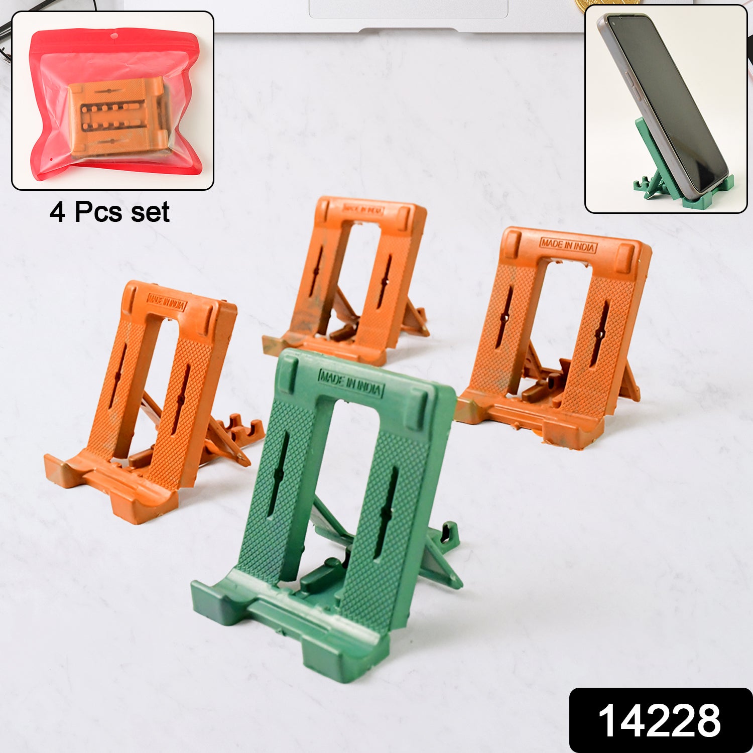 Set of four adjustable Wukusy foldable mobile stand holders showing different angles and positions on a flat surface.