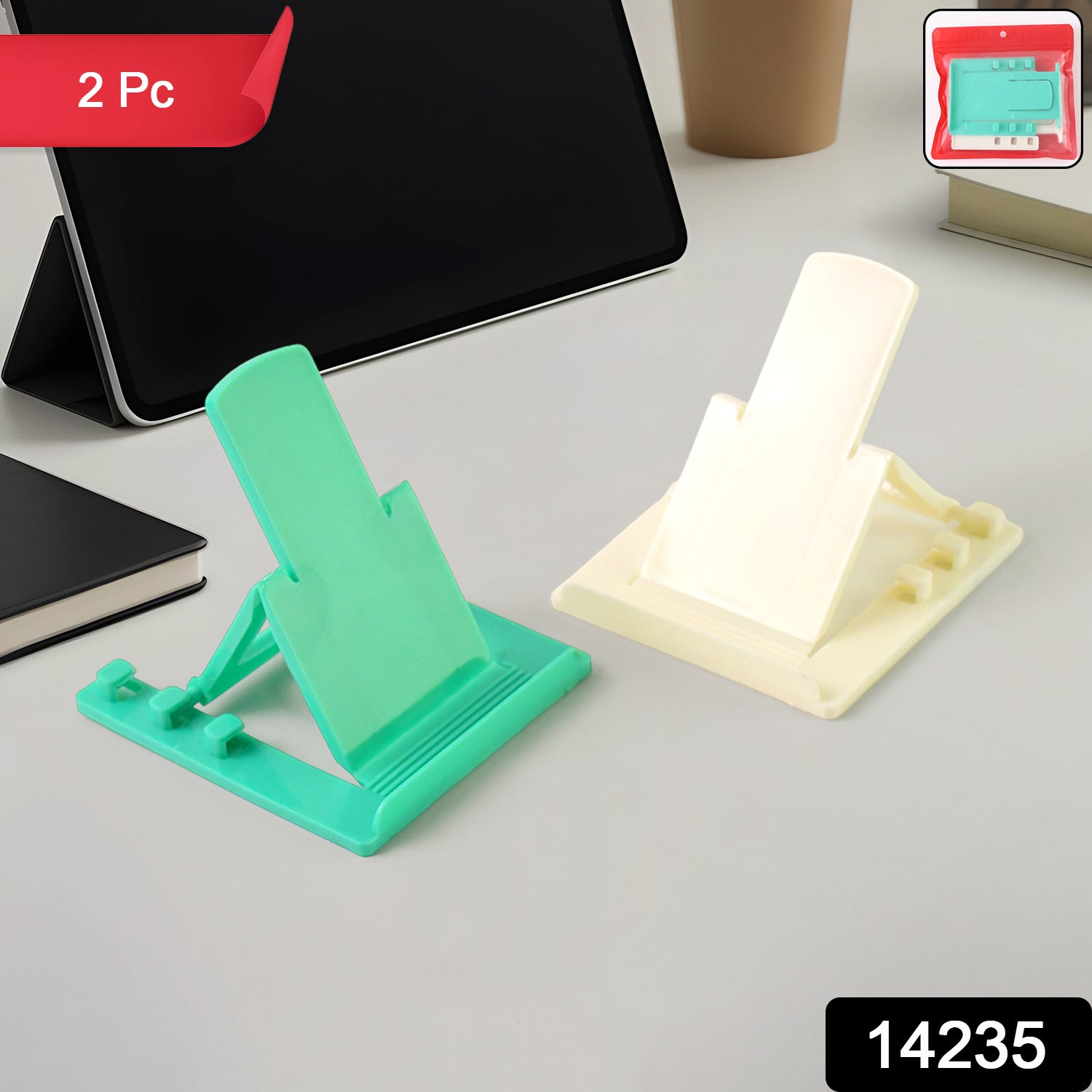 Two Wukusy adjustable foldable plastic mobile phone stand holders on a flat surface, showcasing their compact design and stability.