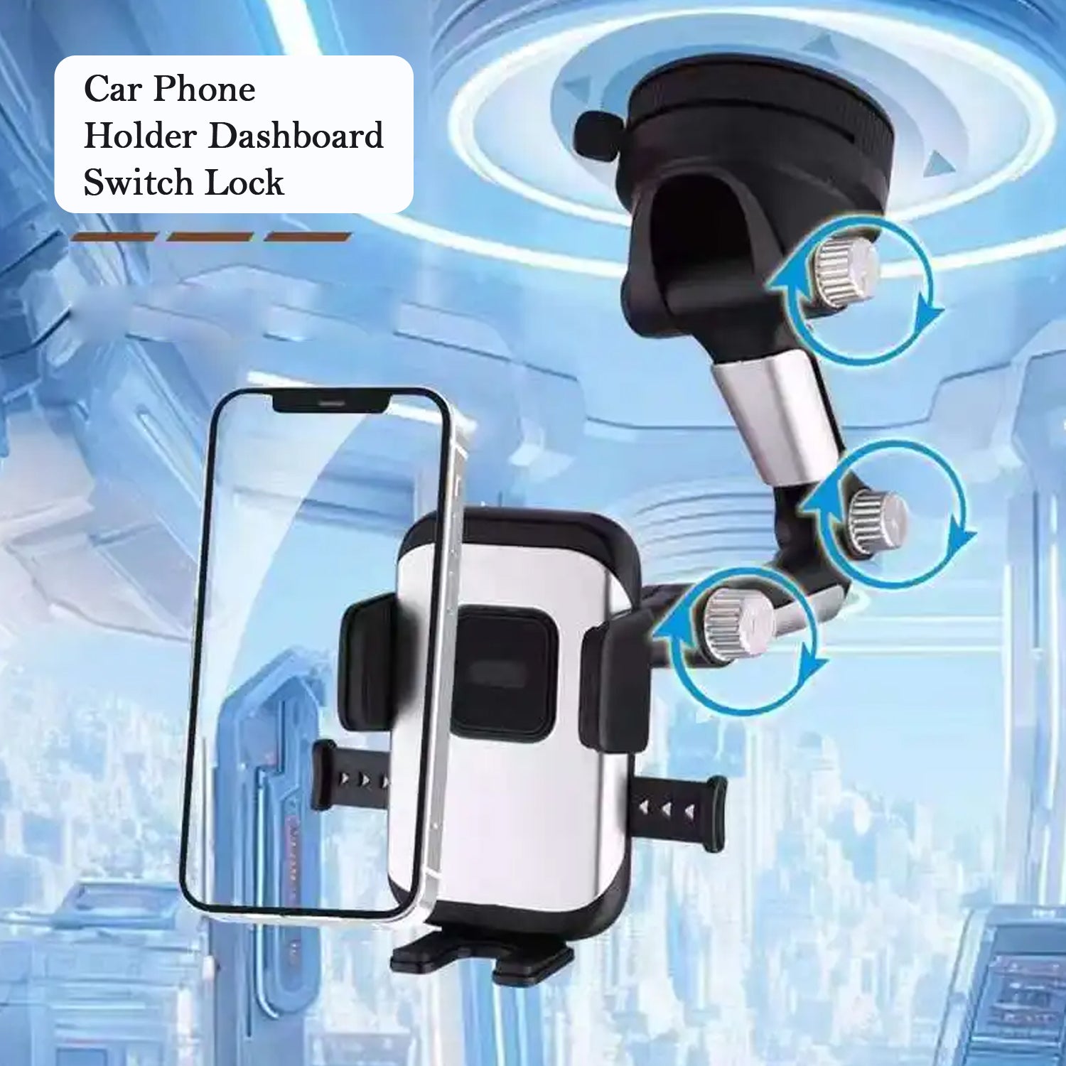 Wukusy adjustable long-arm suction cup car phone holder attached to car dashboard, holding a smartphone securely in place.