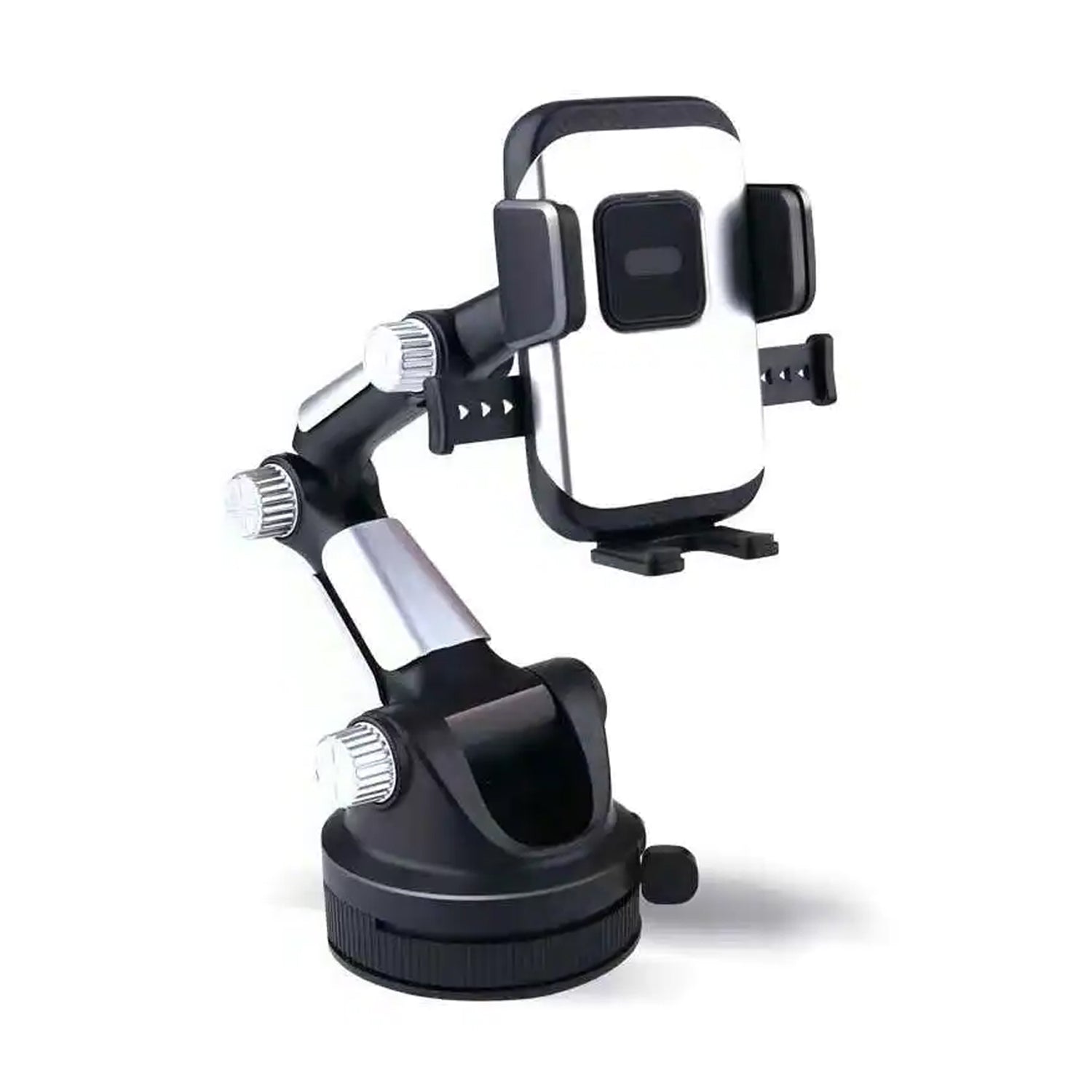 Wukusy adjustable long-arm suction cup car phone holder mounted on a vehicle dashboard holding a smartphone.