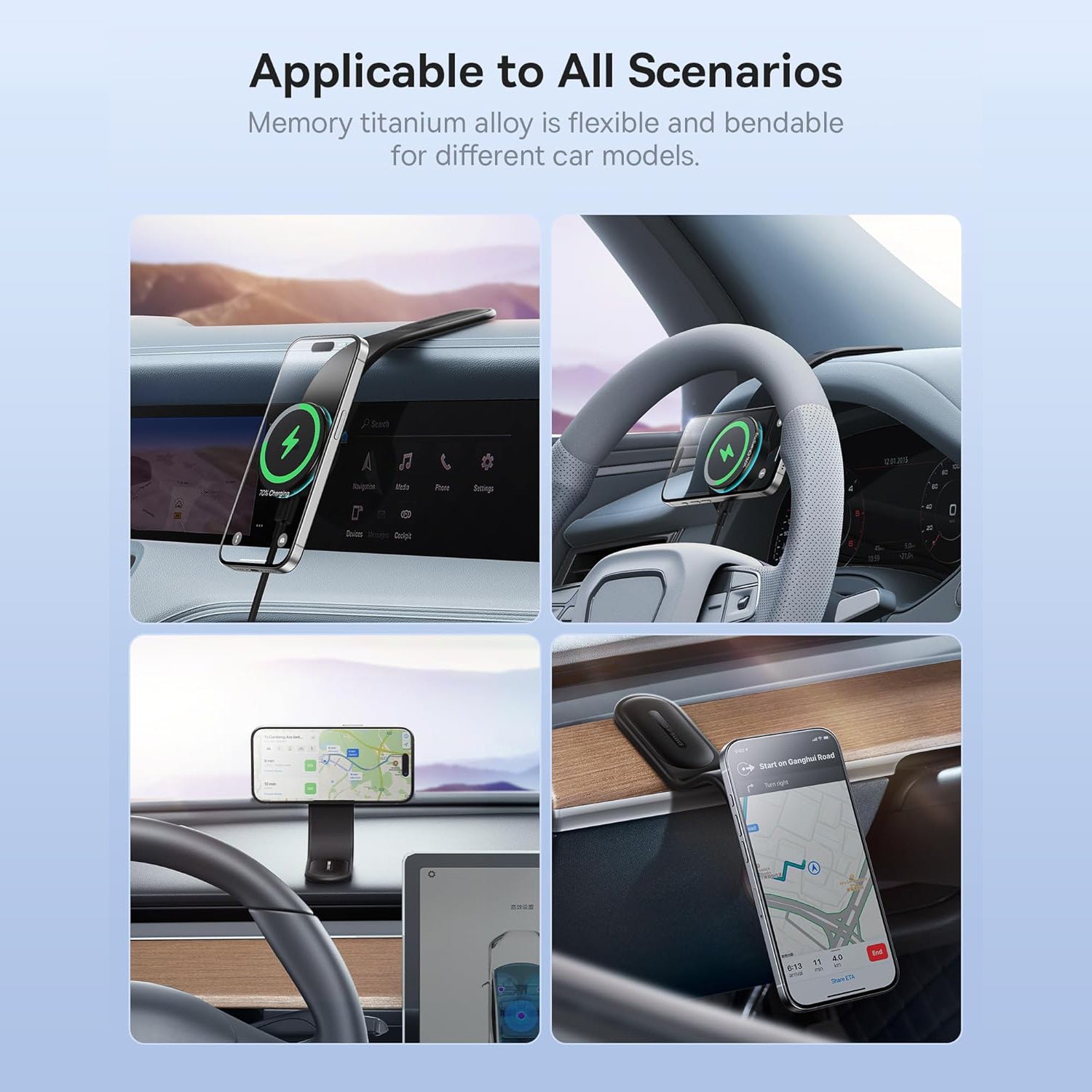 Wukusy wireless car mount charger holding a smartphone, 15W fast charging, mobile accessories, in a car interior.
