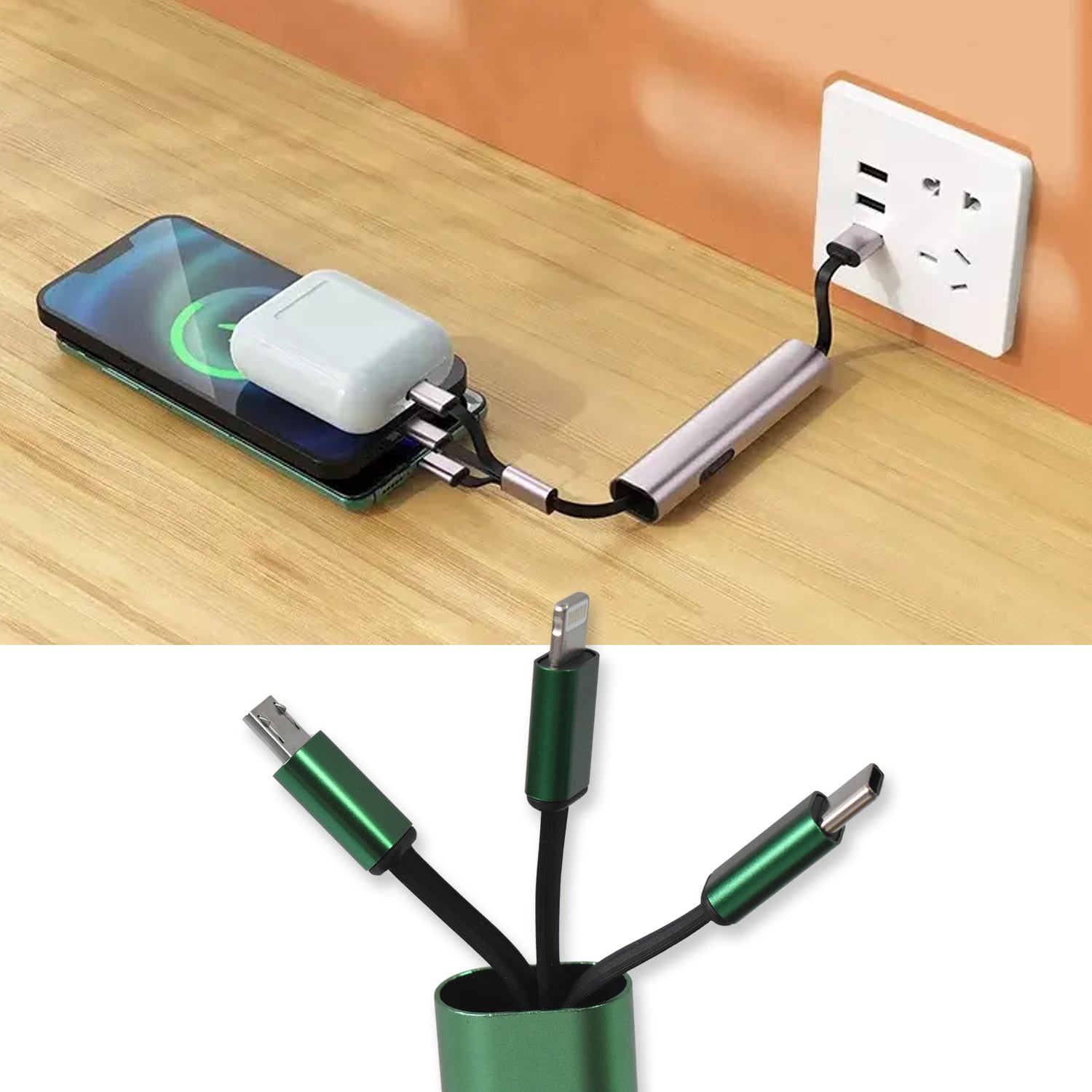 Wukusy 3-in-1 extendable charging cable with data transfer capabilities, designed for mobile devices in a compact, versatile design.