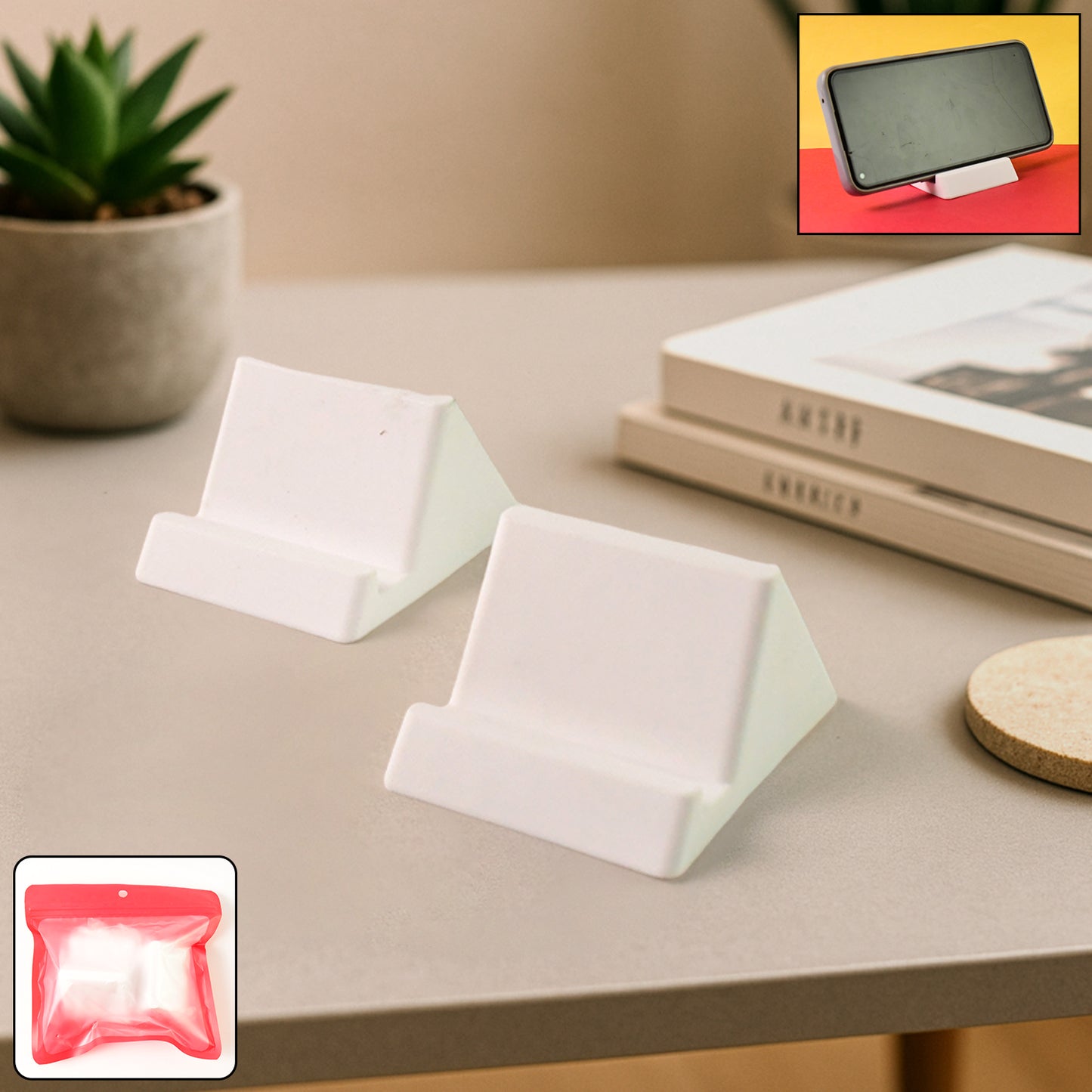 Two compact plastic mobile phone holder stands in mixed colors by Wukusy, designed for hands-free phone support and viewing.