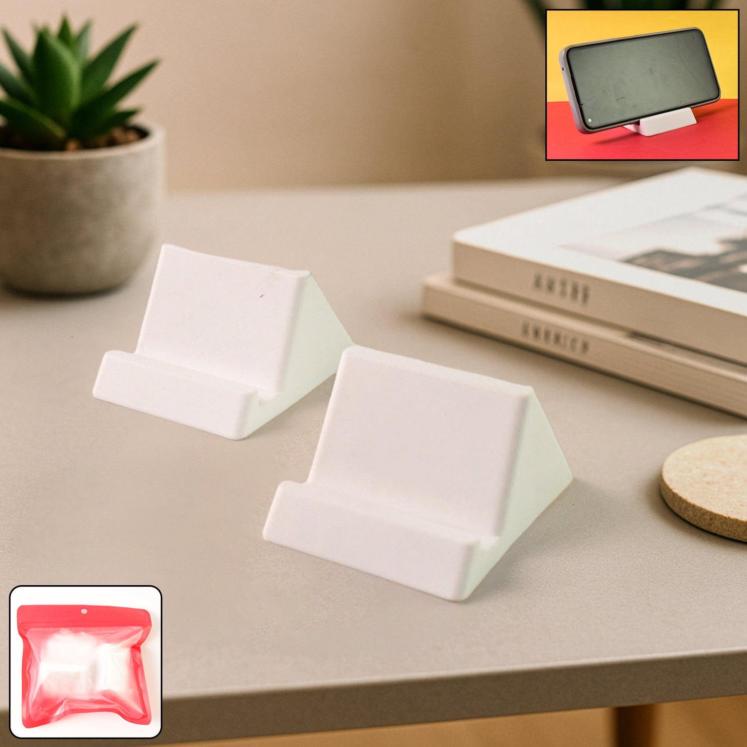 Two compact plastic mobile phone holder stands in mixed colors by Wukusy, designed for hands-free phone support and viewing.
