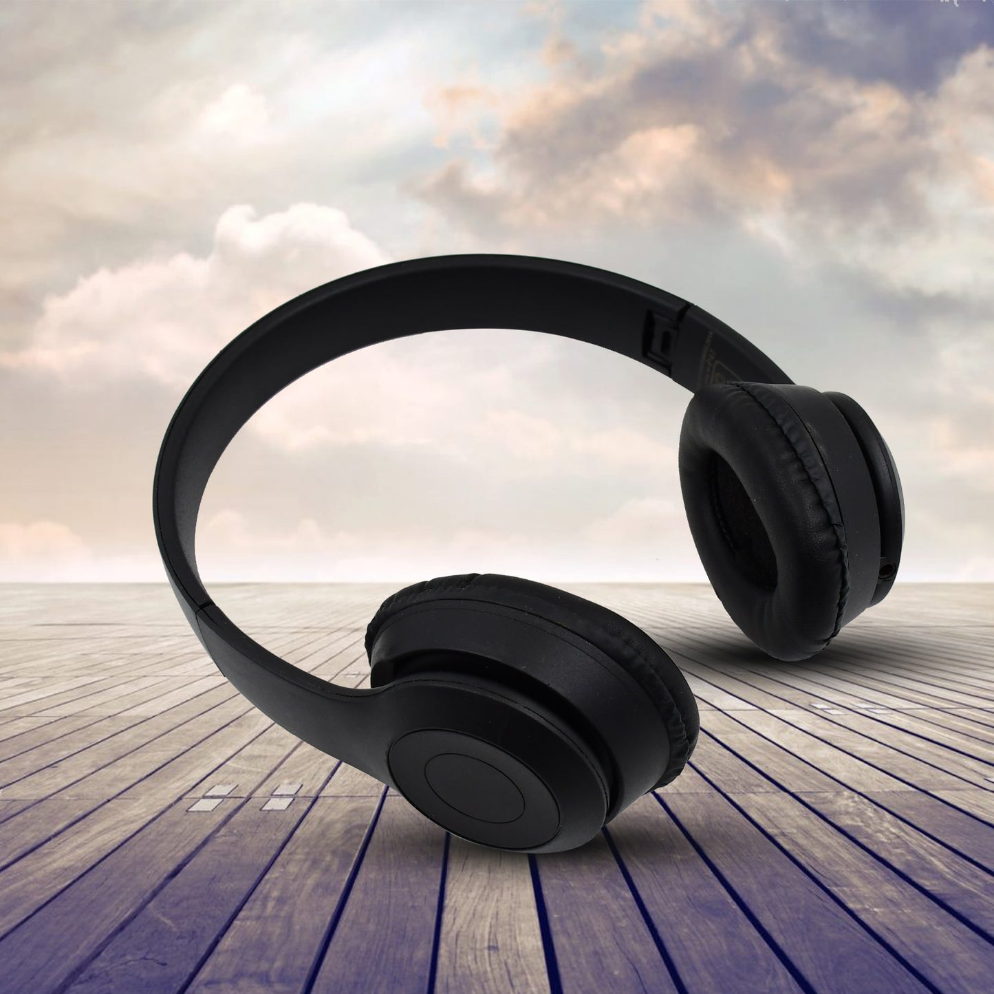 Wukusy foldable wireless headphone with calling function, mobile accessory, black over-ear design, ear cushions visible.