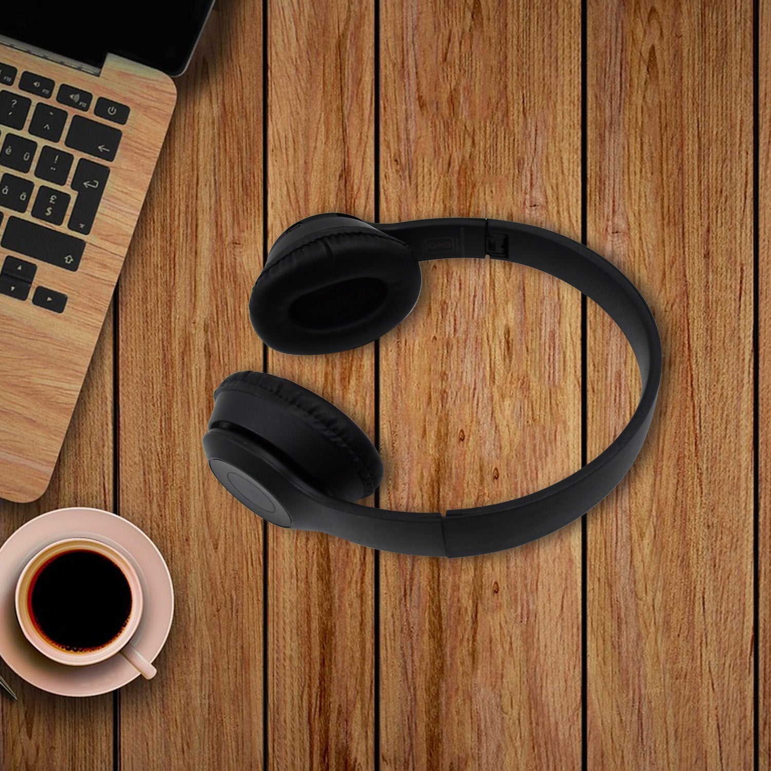 Wukusy foldable wireless headphone with calling function, black over-ear design, showing compact fold for mobile accessories.