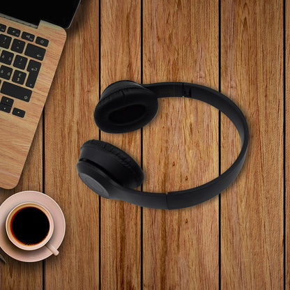 Wukusy foldable wireless headphone with calling function, black over-ear design, showing compact fold for mobile accessories.