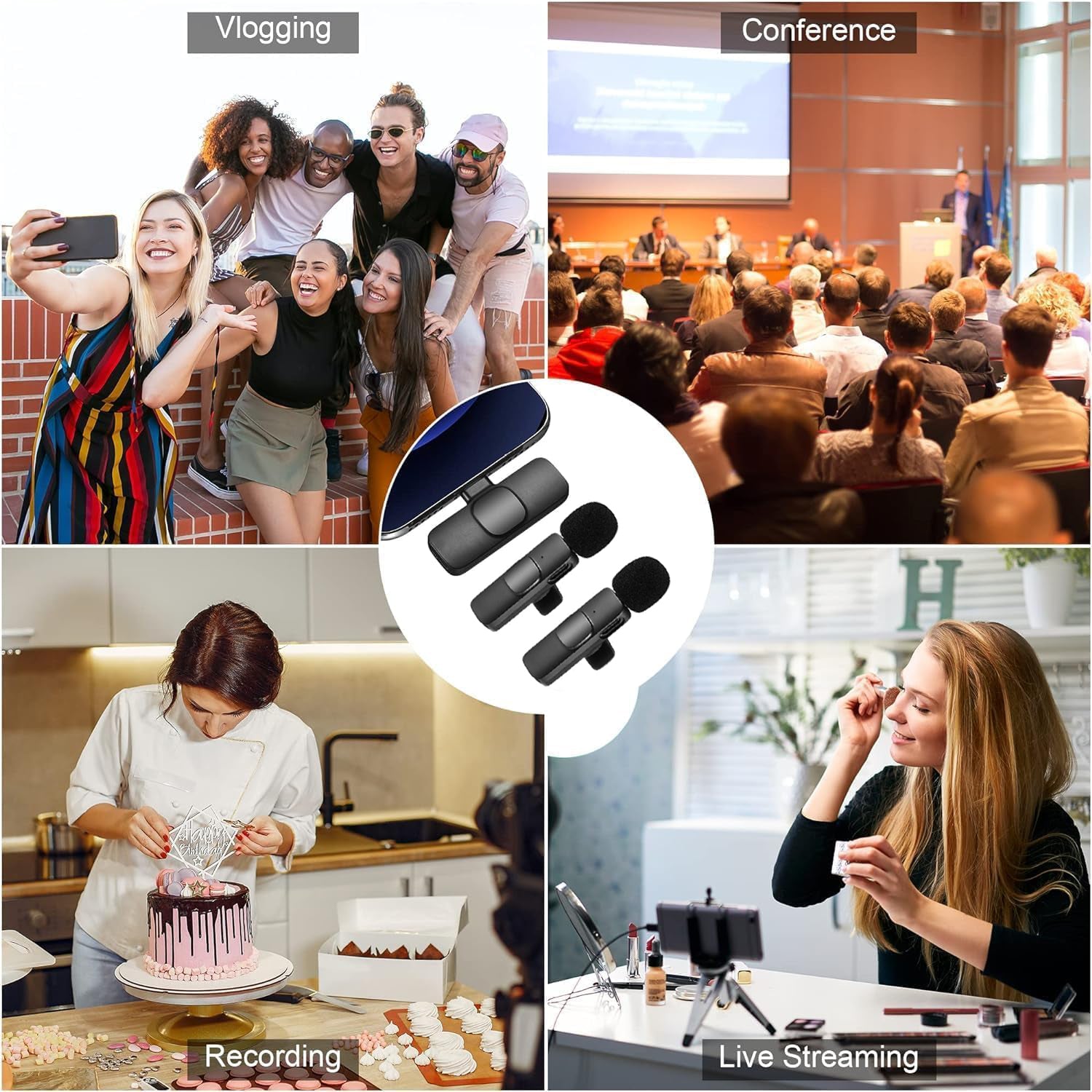 Wukusy K9 Dual Wireless Microphone Set for mobile devices, featuring two microphones with compact design and wireless connectivity.