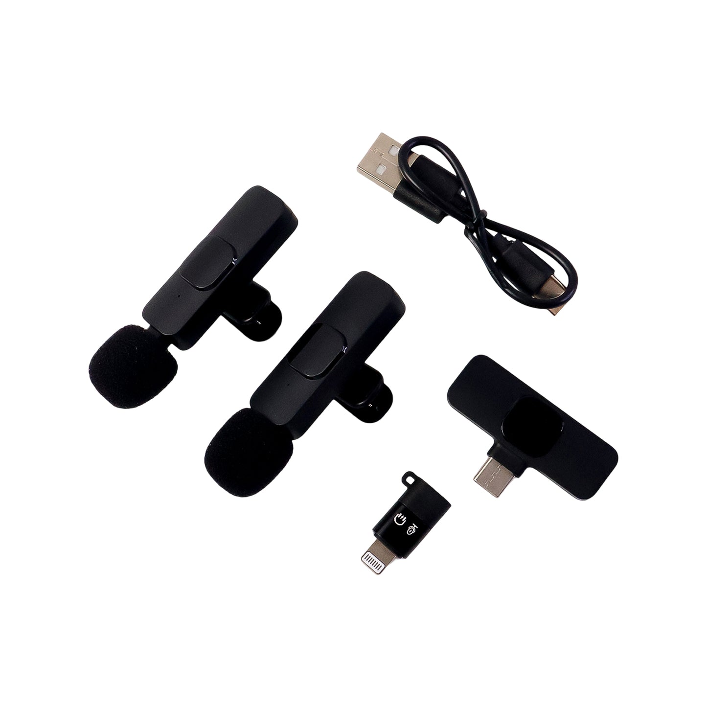 Wukusy K9 Dual Wireless Microphone Set for mobile devices, featuring two compact wireless microphones with accessories.