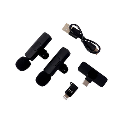 Wukusy K9 Dual Wireless Microphone Set for mobile devices, featuring two compact wireless microphones with accessories.