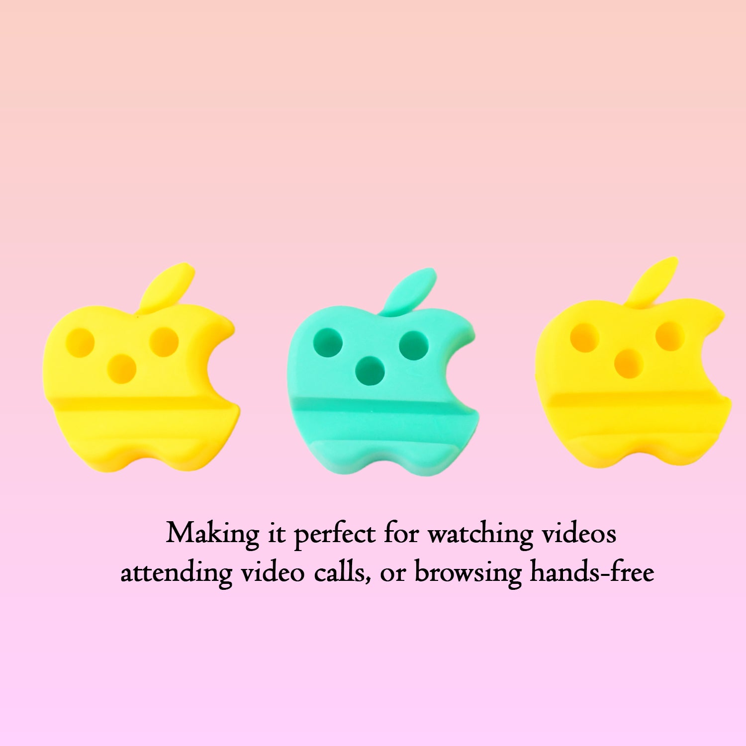 Three Wukusy apple-shaped plastic mobile stands with pen holders in mixed colors, versatile mobile accessories for desk organization.