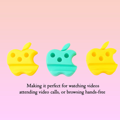 Three Wukusy apple-shaped plastic mobile stands with pen holders in mixed colors, versatile mobile accessories for desk organization.