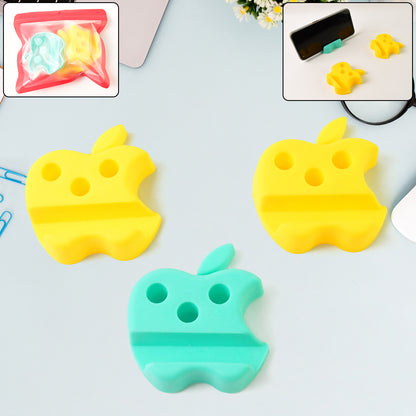 Set of three colorful Apple-shaped plastic mobile stands with integrated pen holders, by Wukusy mobile accessories.