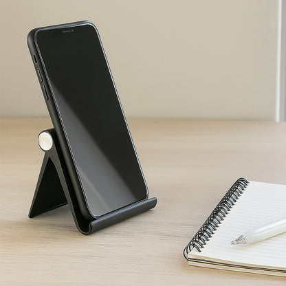 Black plastic foldable desktop mobile stand by Wukusy, designed to hold smartphones securely and conveniently.