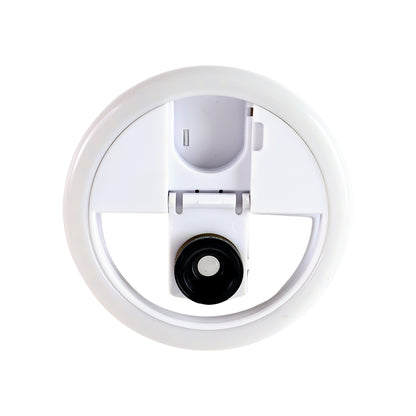 Wukusy selfie flash ring light with three brightness levels attached to a mobile phone for enhanced photo lighting.
