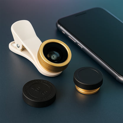 Wukusy universal clip-on mobile camera lens kit with multiple lenses attached, designed for smartphone photography enhancement.