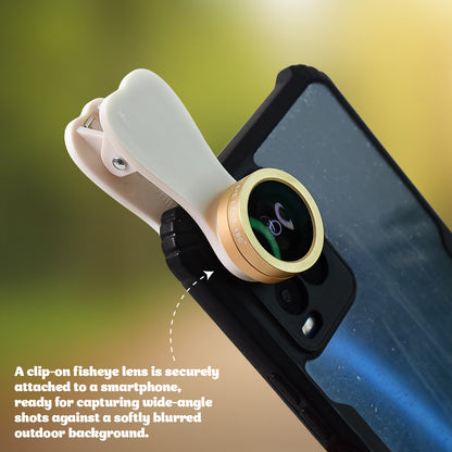 Wukusy universal clip-on mobile camera lens kit with multiple lenses and clip attachment on a smartphone for enhanced photography.
