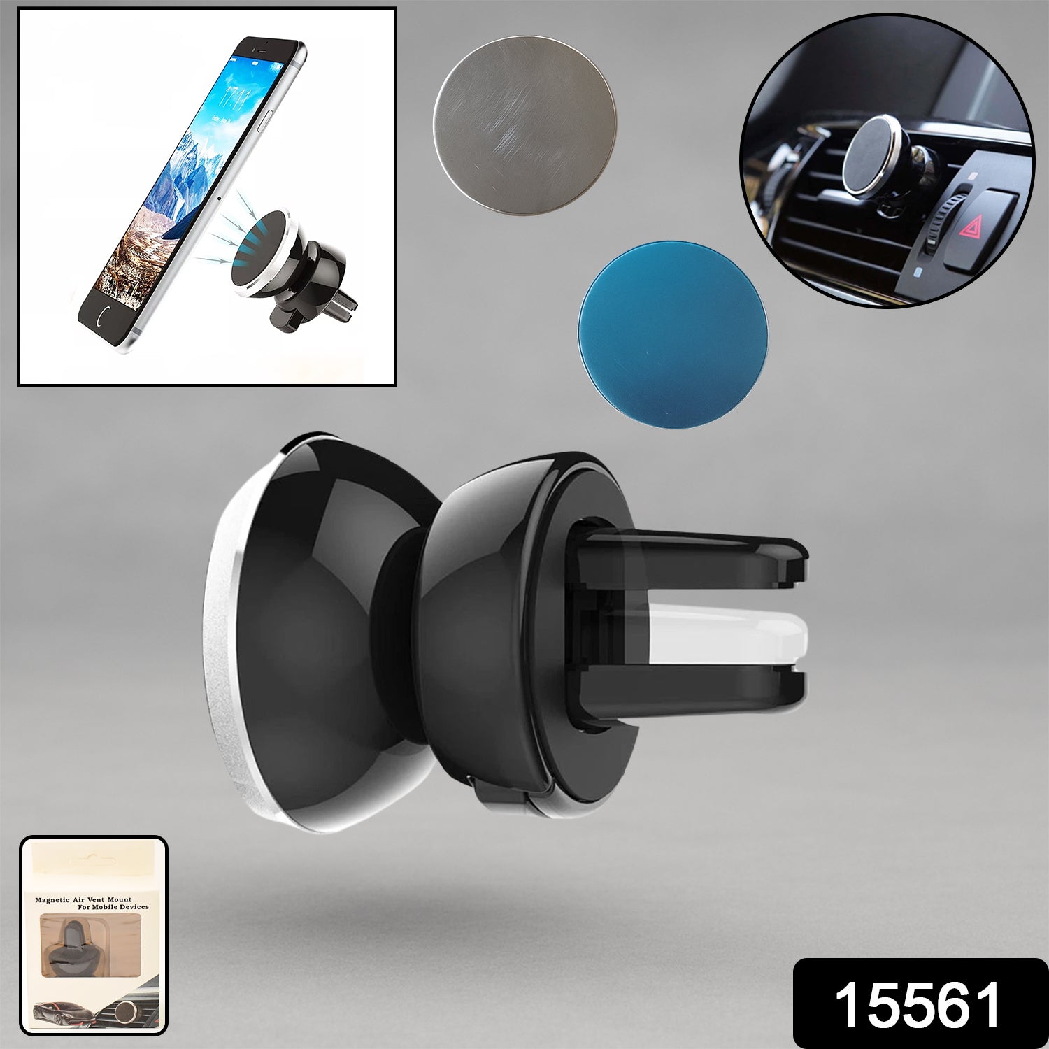 Wukusy universal magnetic car mobile holder attached to a car dashboard holding a smartphone securely.