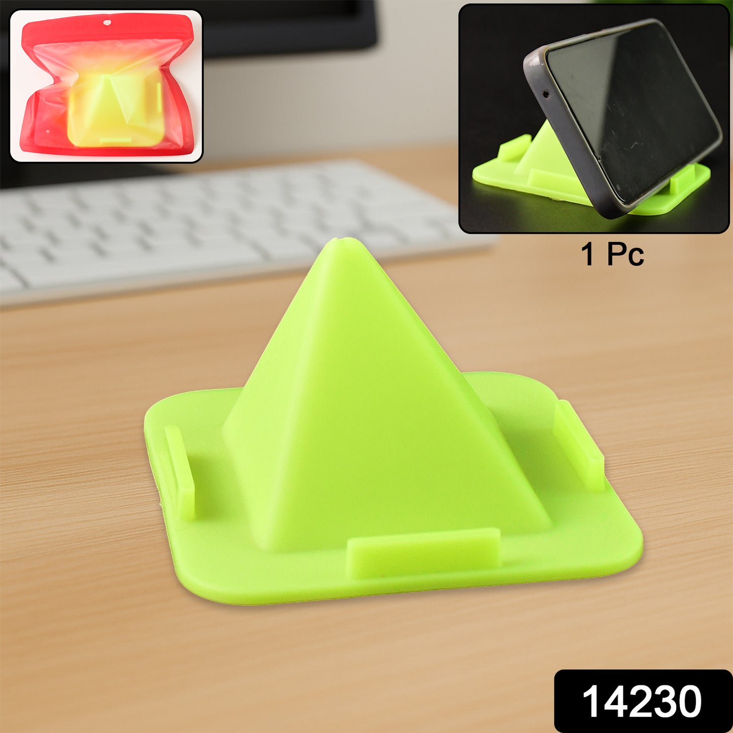 Wukusy Virgin Mobile accessories universal portable pyramid-shaped desktop mobile holder stand on a table, compact and functional.