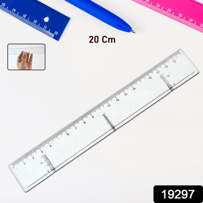 Wukusy 20 cm transparent plastic ruler for office use, showing measurement markings and clear plastic body on white background.