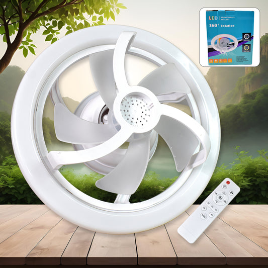 Wukusy office ceiling fan with 360° rotation and built-in light, remote control for smart operation and adjustable airflow.