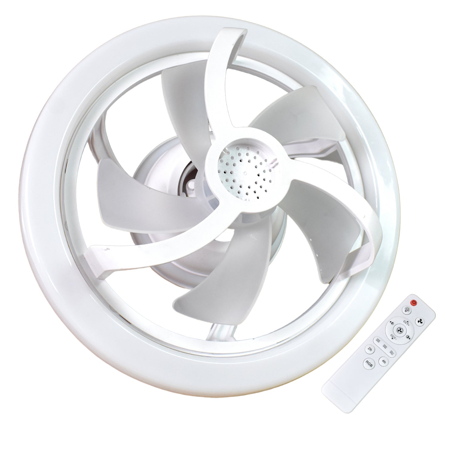 Wukusy 360 rotation ceiling fan with light and remote control, designed for office use, featuring modern smart fan functionality.