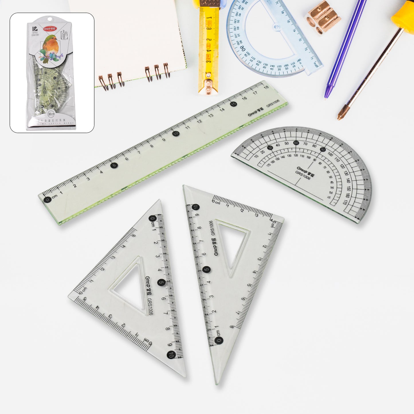Wukusy 4-piece office geometry set includes triangle ruler, protractor, and straight rulers for accurate measurements and drawing.