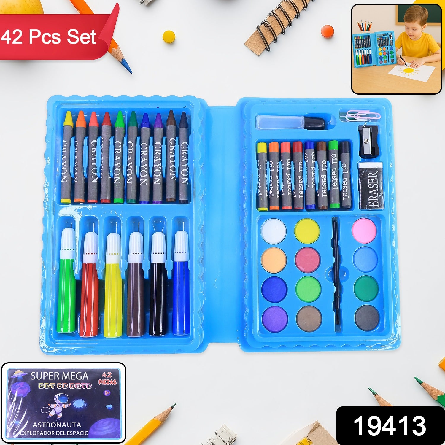 Wukusy 42-piece kids art and craft stationery set featuring colorful markers, crayons, scissors, and paper for creative projects.