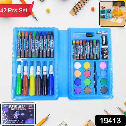 Wukusy 42-piece kids art and craft stationery set featuring colorful markers, crayons, scissors, and paper for creative projects.
