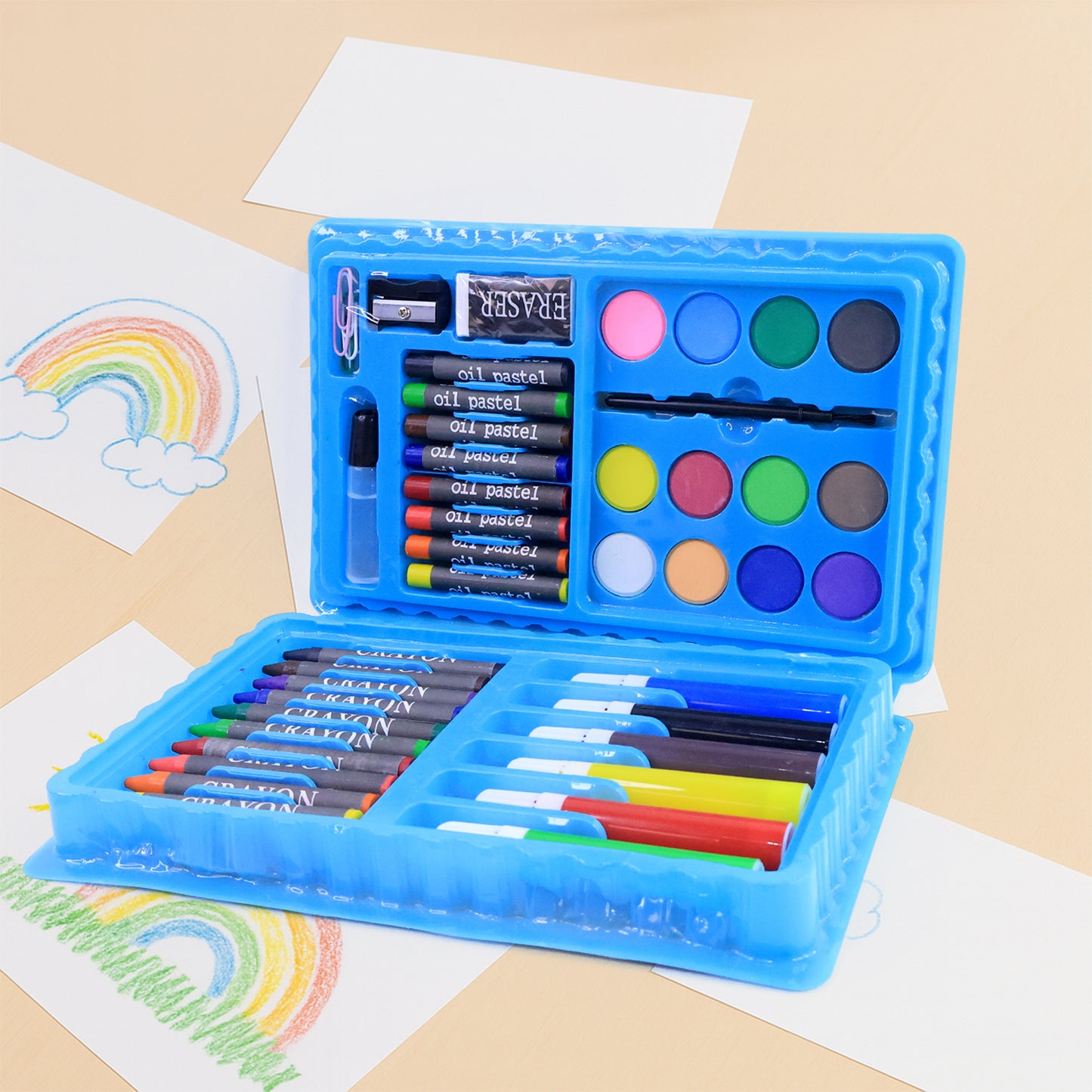 Wukusy 42-piece kids art and craft stationery set with colorful markers, crayons, scissors, and paper for creative projects