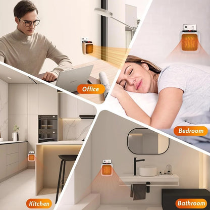 Wukusy 600W wall-mounted plug-in room heater for office use, with converter, showing the heater mounted on a wall.