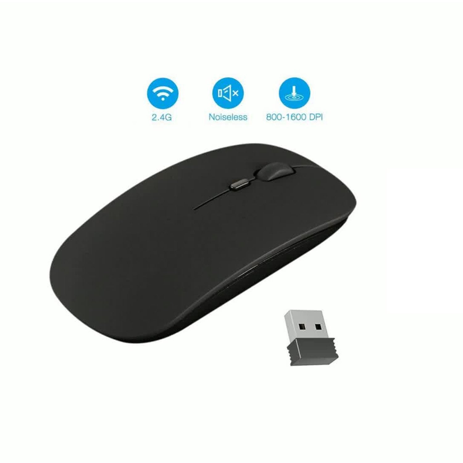 Wireless Wukusy mouse for laptop, PC, Mac, and iPad Pro, shown on an office desk with keyboard and monitor.