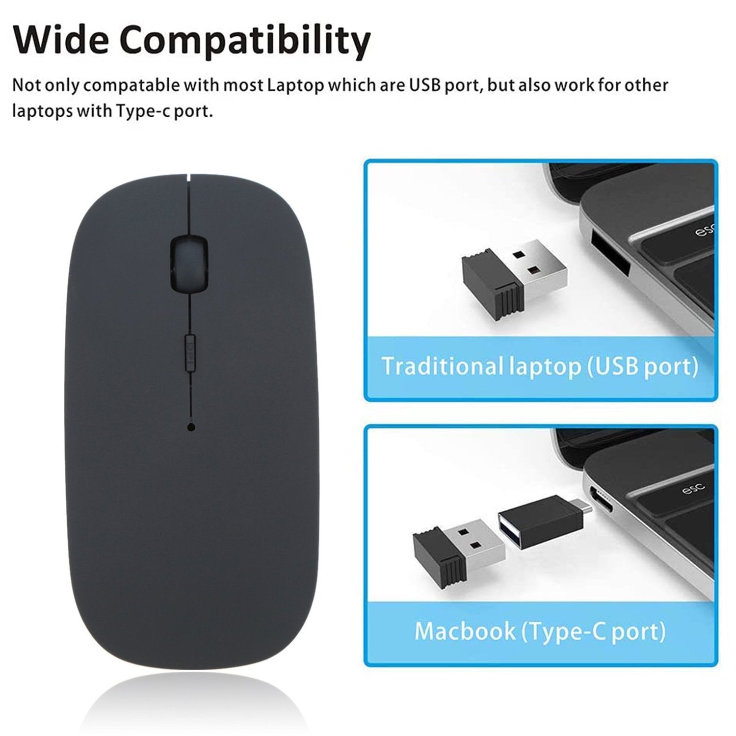 Wukusy wireless office mouse for laptop, PC, Mac, and iPad Pro, black with ergonomic design, on a desk.
