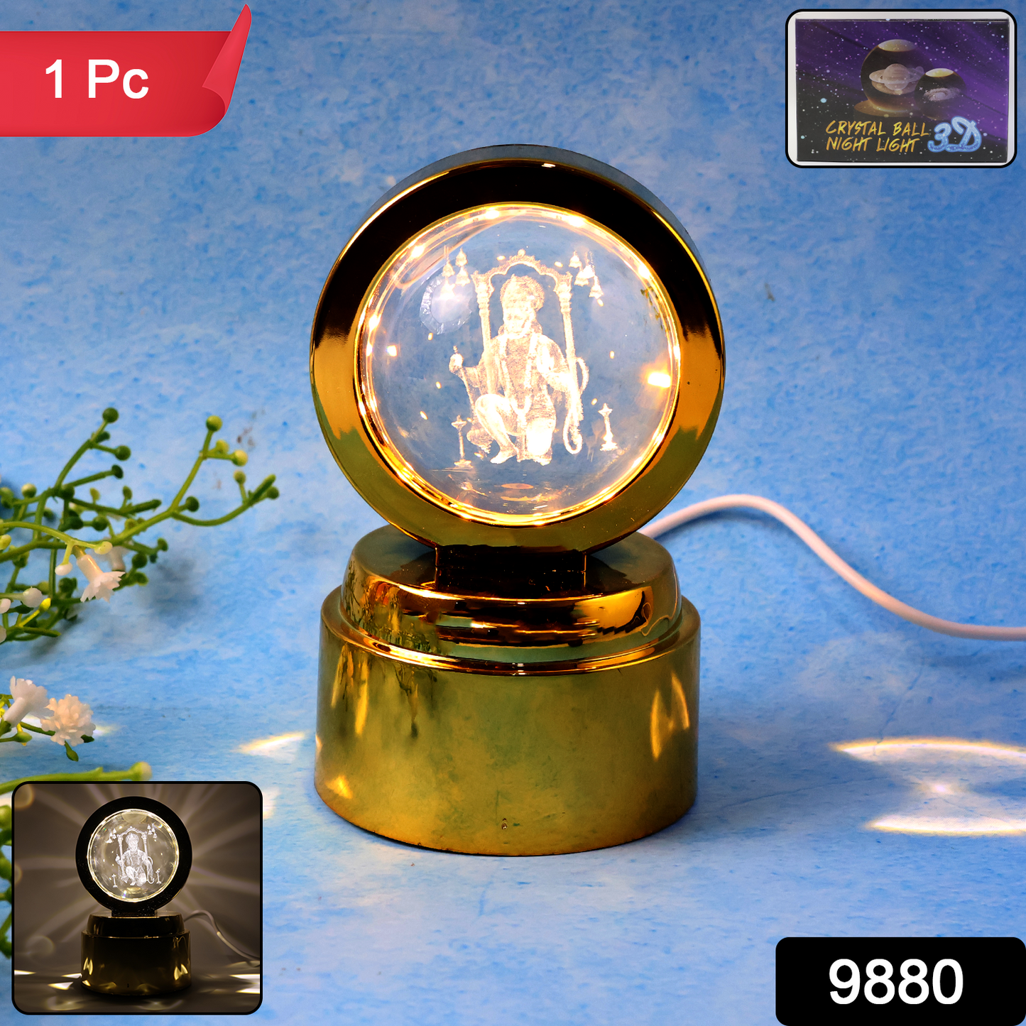 Wukusy Bajrang Bali 3D crystal ball night light with LED illumination, designed for office decor, showcasing a detailed religious figure.