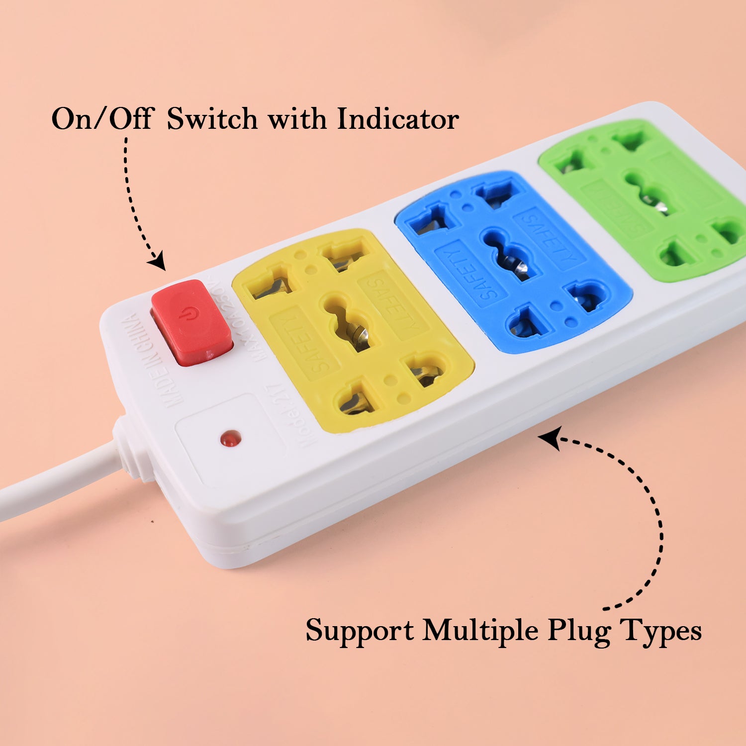 Wukusy compact 3-socket universal extension board for office use with multiple power outlets and safety features.