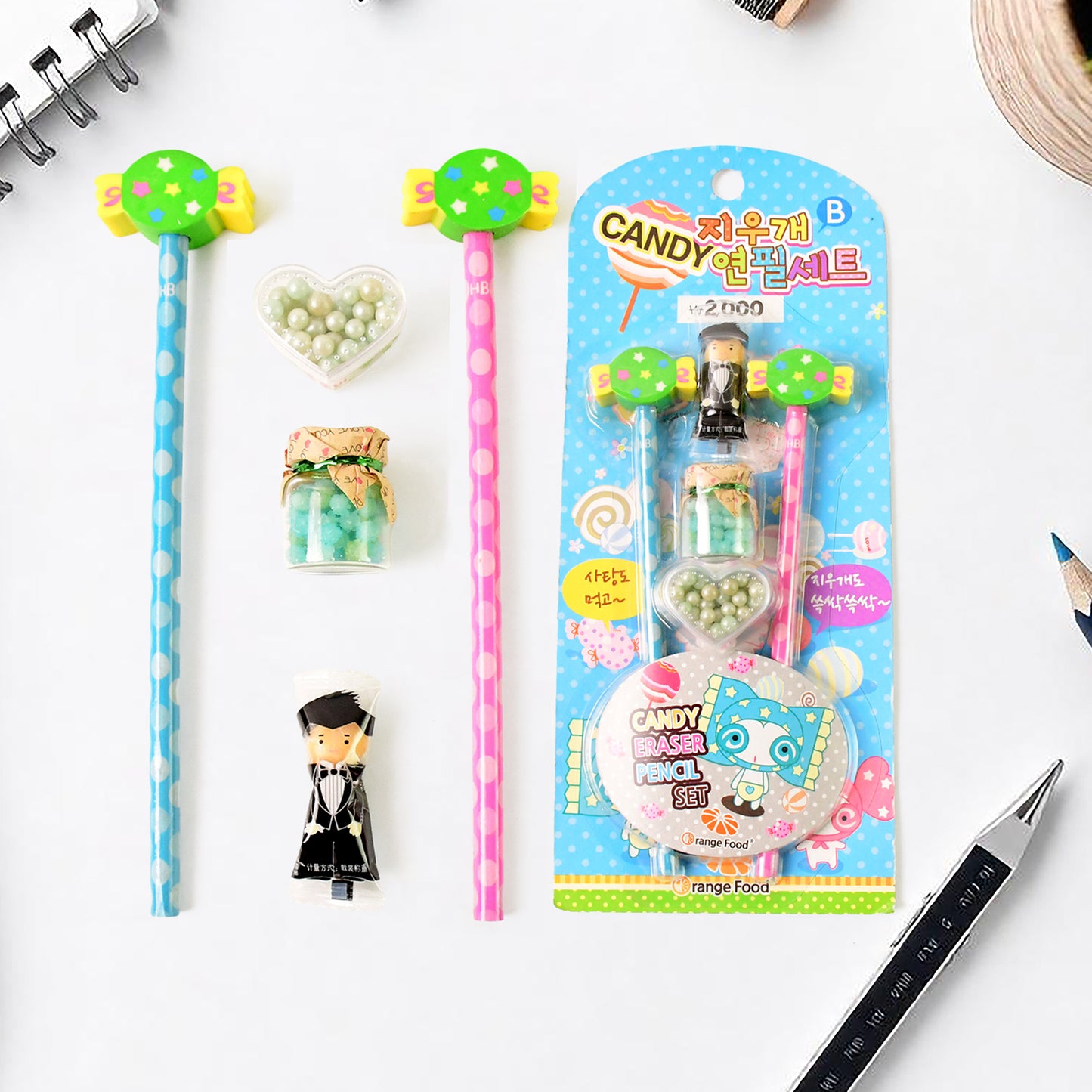 Wukusy fun candy design pencil set with colorful pencils and accessories, ideal for office or school use.